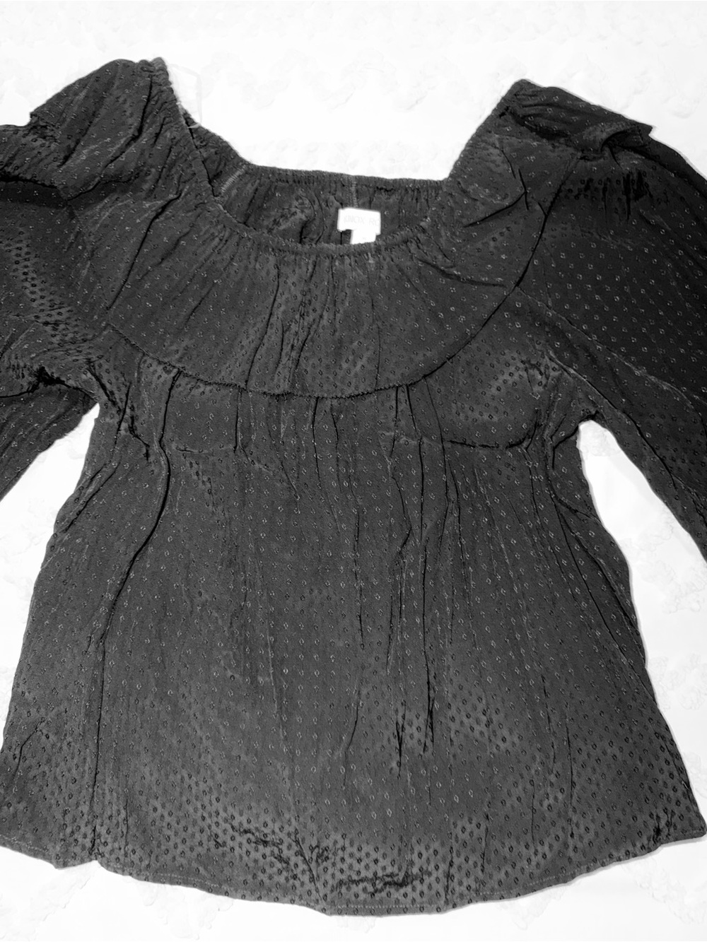 Knox Rose Black Dot-Texture Ruffle Neck Blouse